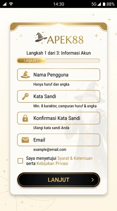 Tampilan halaman daftar apek88
