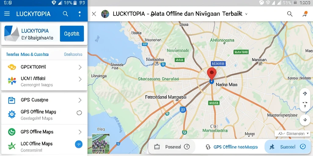 Antarmuka utama LUCKYTOPIA dengan fitur GPS Offline Maps.